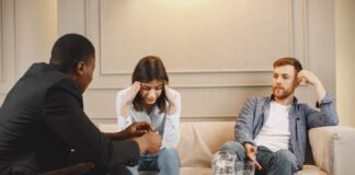 Couple discussing relationship concerns during a counseling session