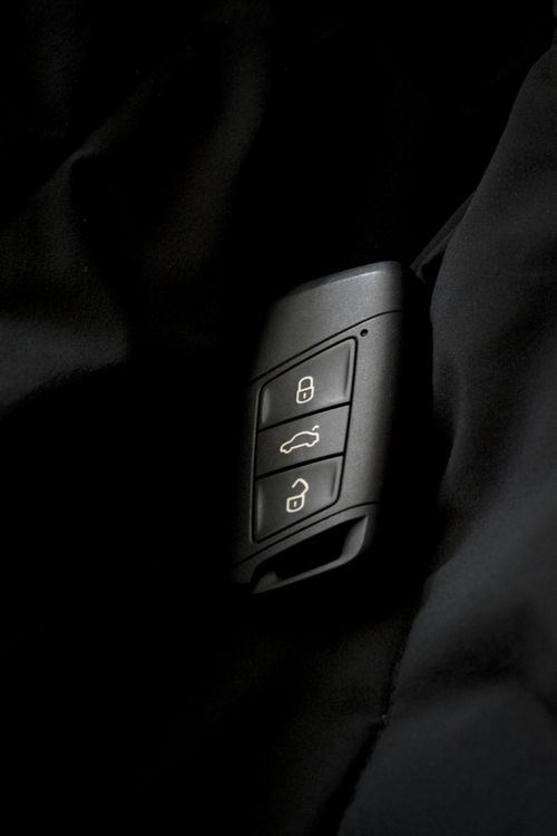 Car key fob with visible lock and unlock buttons for a shared security check
