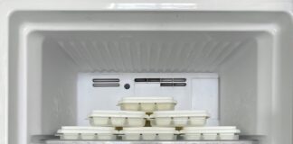 Organized ice cube trays inside a home freezer