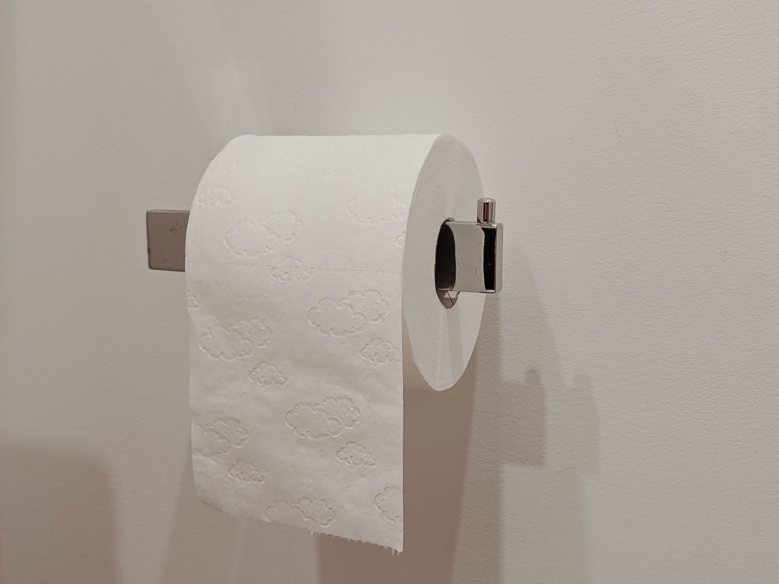 Toilet paper roll on a holder in a bathroom