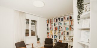 Empty armchairs and bookshelves in a bright reading room