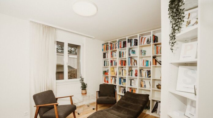 Empty armchairs and bookshelves in a bright reading room