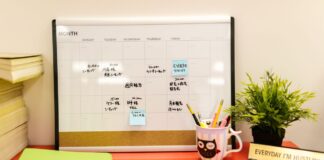 Desk calendar with notes beside stationery and a plant on a red desk
