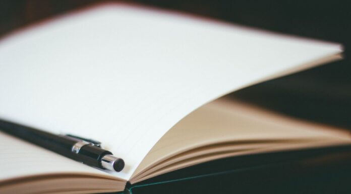 Close-up of a pen resting on an open notebook