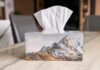 Tissue box with a mountain landscape design on a marble table