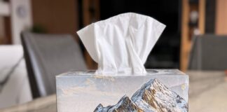 Tissue box with a mountain landscape design on a marble table
