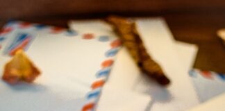 Envelopes arranged beside a compass and autumn leaves on a table