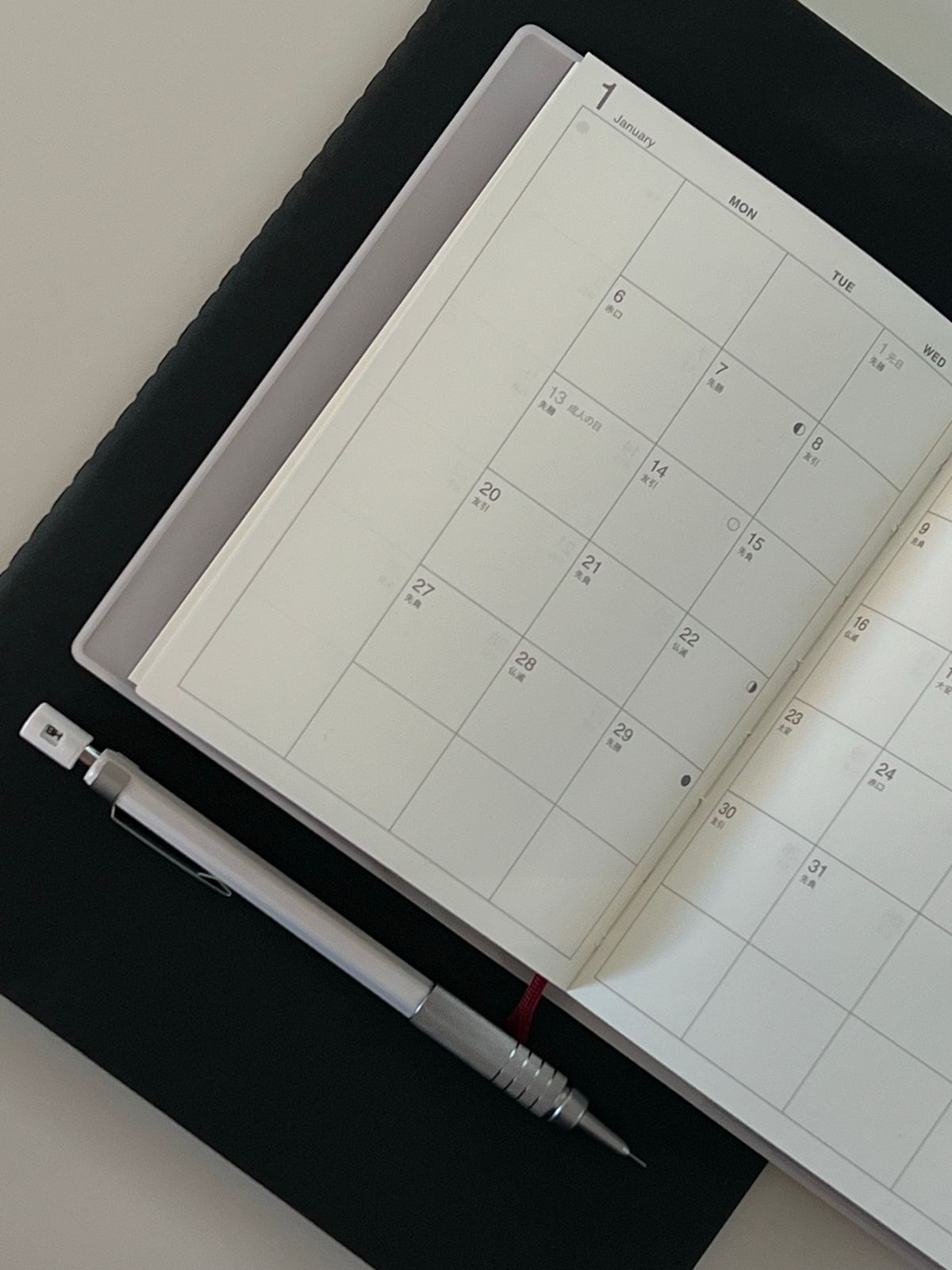 Open monthly planner with a pen on its pages