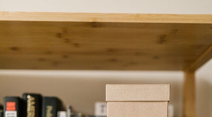 Cardboard boxes on a wooden bookshelf among books